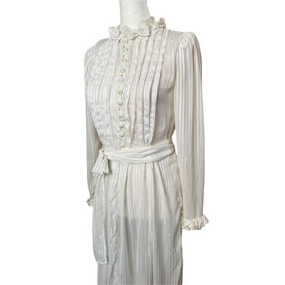 vintage 60s 70s victorian 2 pieces sheer midi dress Shirred Ruffle Neck Ivory - Picture 2 of 6